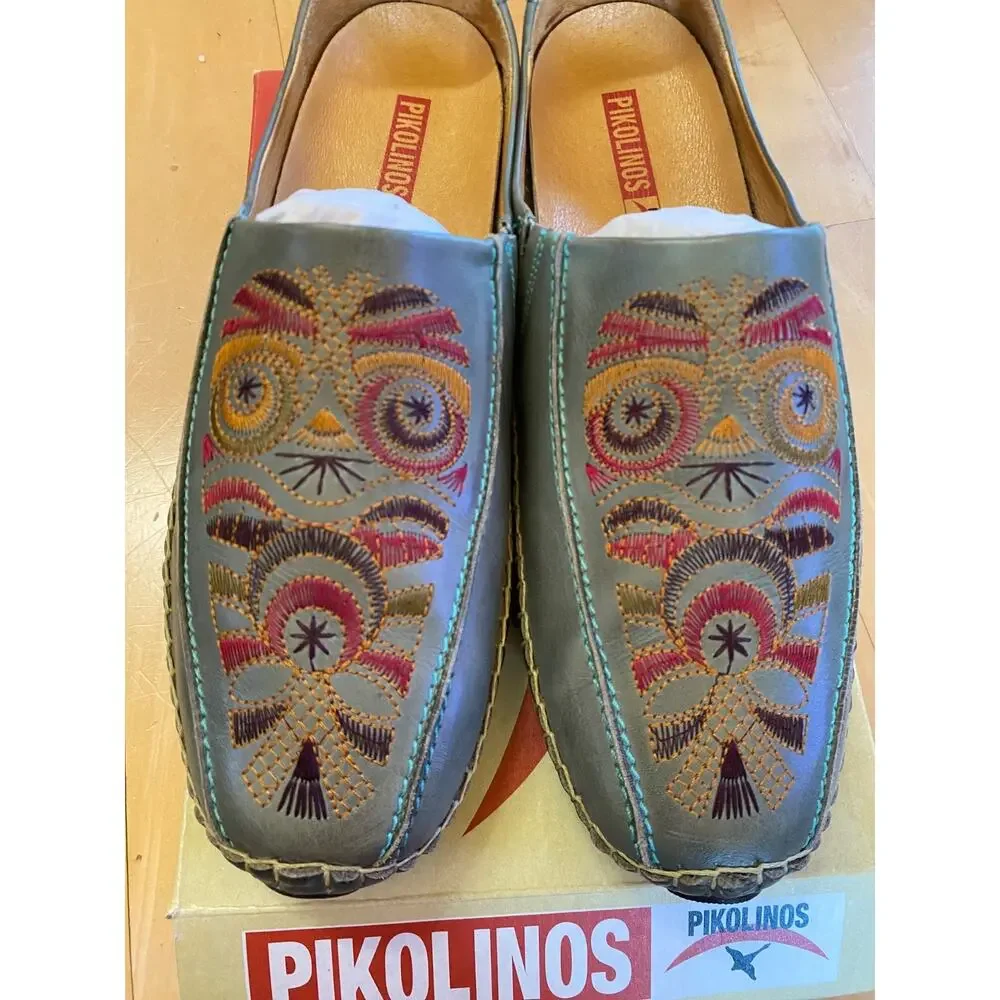 PIKOLINOS Embroidered Leather Mules Mar Sage Green Moccasin Loafers Women 42 NIB